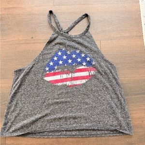 Modern Lux Gray Racerback Tank with American Flag Lip Graphic